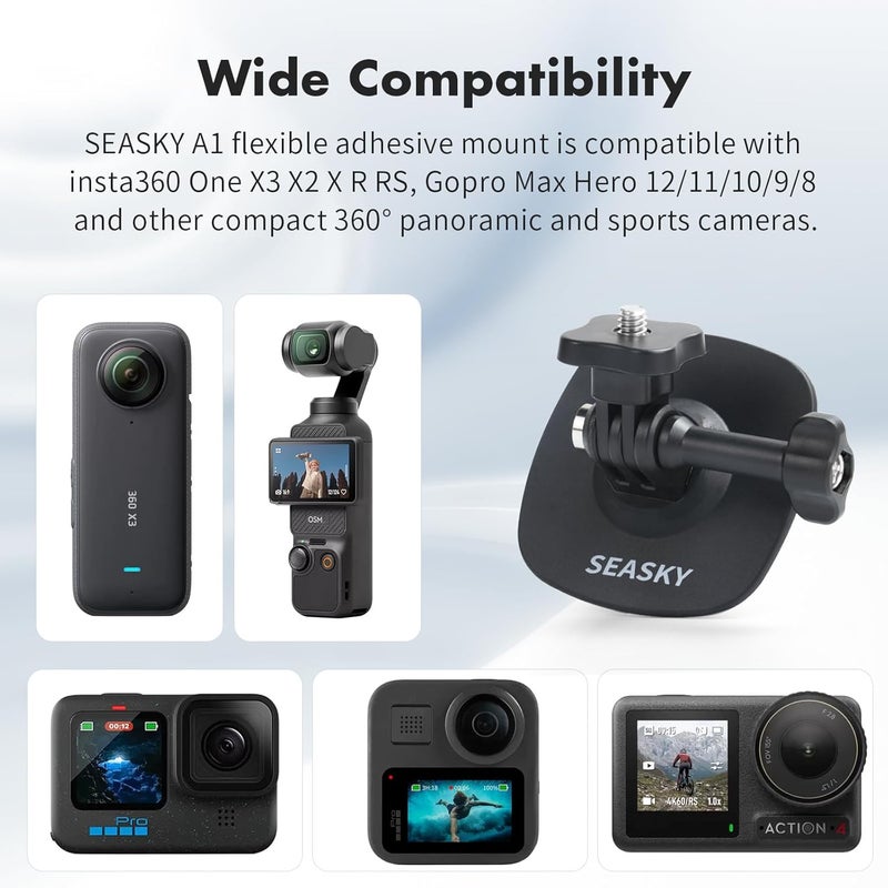 SEASKY [ 2Pack A1 Flexible Adhesive Helmet Mount use Genuine 3M for GoPro Hero13/12/11/10/9/8 Max DJI Action 5 Pro 4 3 Insta360 X5 X4 X3 Ace Pro 2 Sports Camera Accessories Flat Curved Surfaces - Image 5